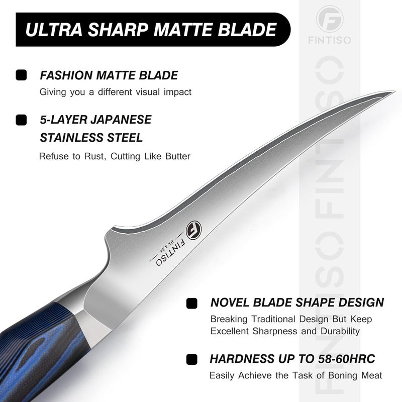 FINTISO 7 Inch Fillet Knife, Professional Meat Boning Knives for in 5-Layer 10Cr15CoMoV Japanese Stainless Steel, Ultra Sharp Fish Knife with Ergonomic G10 Handle for Slicing and Skinning - Image 2